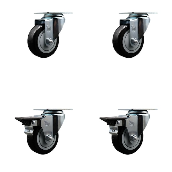 3.5'' Black Poly Wheel Swivel Top Plate Caster Set with 2 Posi Brakes, 4PK